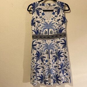 Boden size 8 Blue and White Sleeveless Dress Birds/Tress